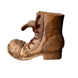Vtg 1976 American Folk Art Hand-carved Wood Boot w Leather Laces Ballards Carver